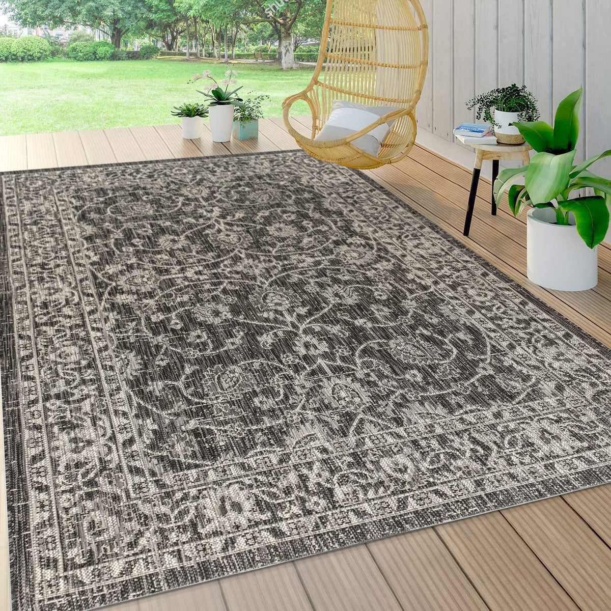 Eyely Vine and Border Octagon Area Rug 8 Ft Black/Gray, Indoor Outdoor Rug