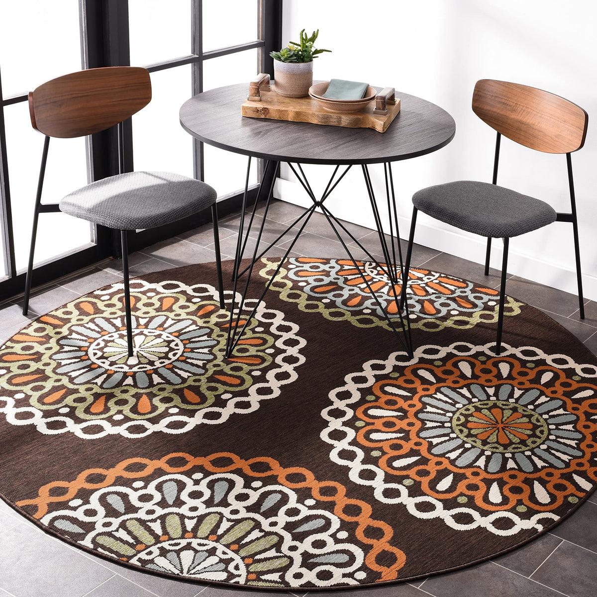 Safavieh Veranda Collection 6'7" x 6'7" Round Cream/Blue VER092 Boho Floral Indoor/Outdoor Non-Shedding Easy Cleaning Patio Backyard Porch Deck Mudroom Area Rug