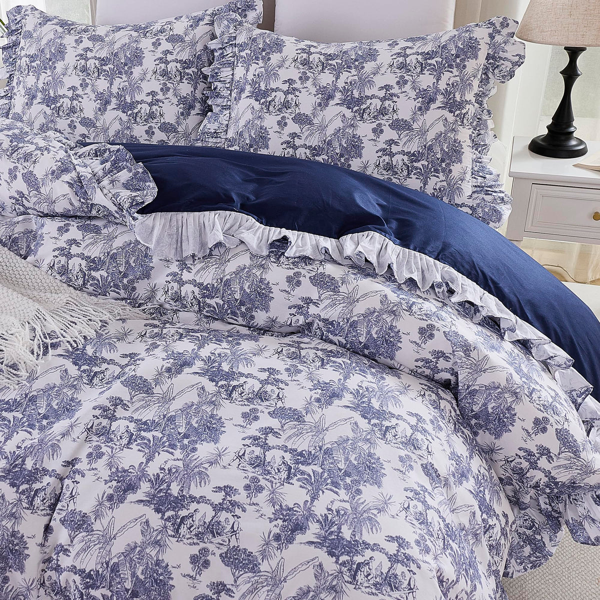 Brandream French Country Toile Queen Duvet Cover Set for Girl Women Bedroom Vintage Pink Toile Floral Print 100% Cotton Duvet Quilt Comforter Cover Pillow Shams Set with Delicate Ruffle Fringe