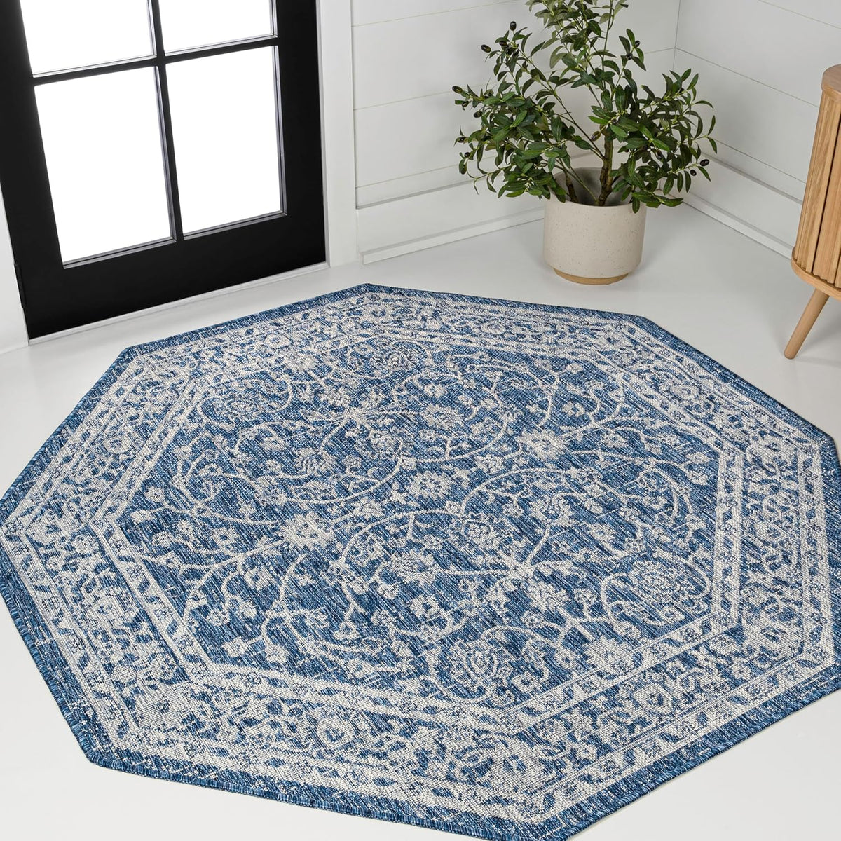 Eyely Vine and Border Octagon Area Rug 8 Ft Navy/Gray, Indoor Outdoor Rug