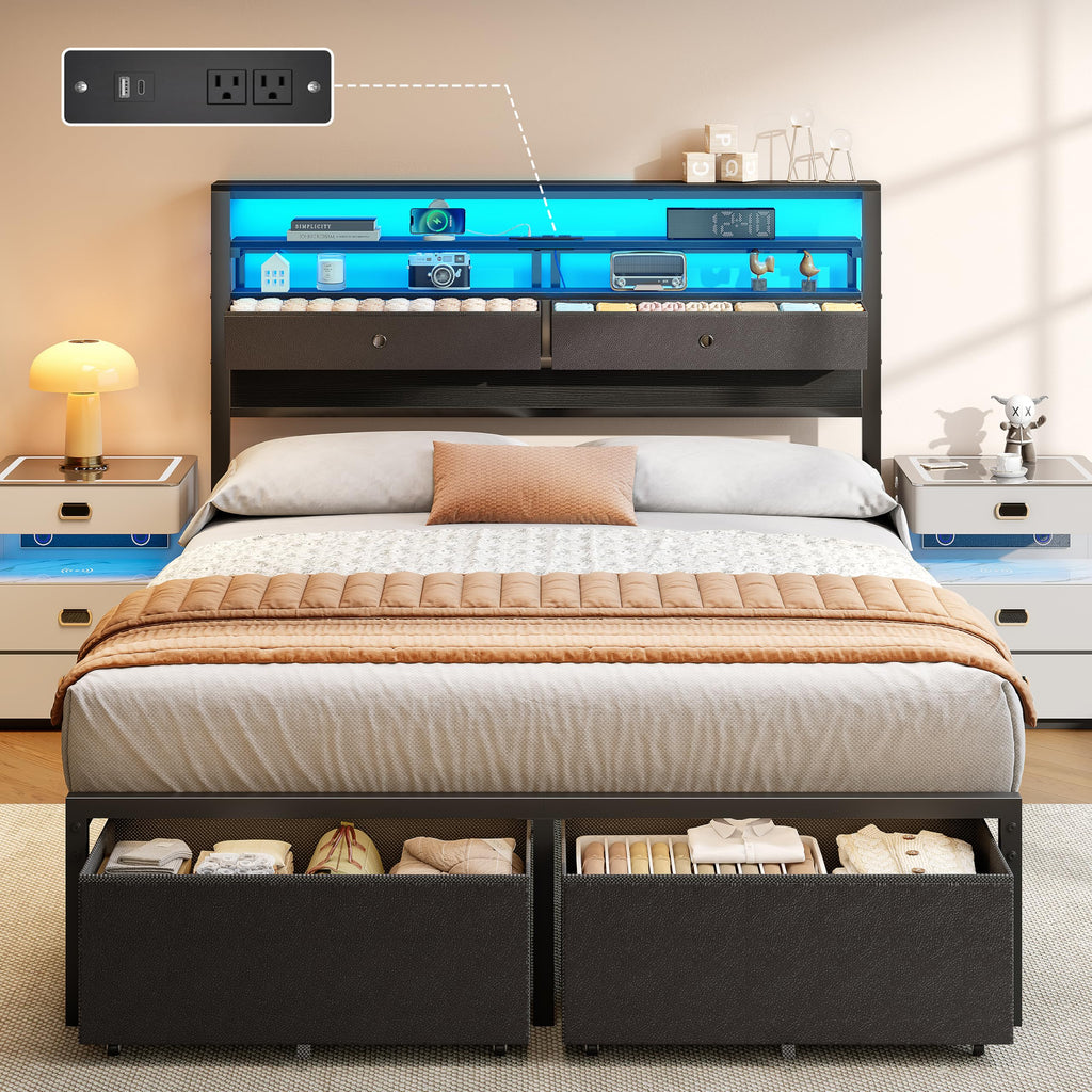 Furnulem Full Size Bed Frame with Headboard & 2 Fabric Drawers, Black Oak