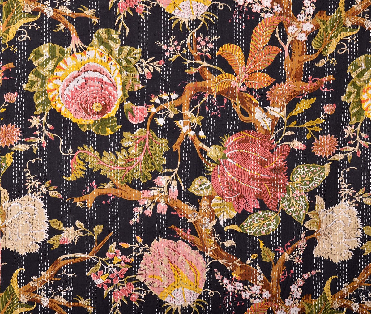 Indian Floral Print TwinQueen/King Size Kantha Quilt Kantha Blanket Bed Cover Kantha Bedspread Bohemian Bedding Kantha Blanket (Black, King (U.S. Standard))