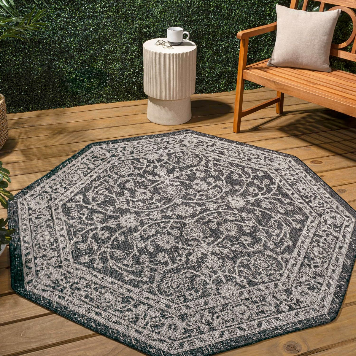 Eyely Vine and Border Octagon Area Rug 8 Ft Black/Gray, Indoor Outdoor Rug