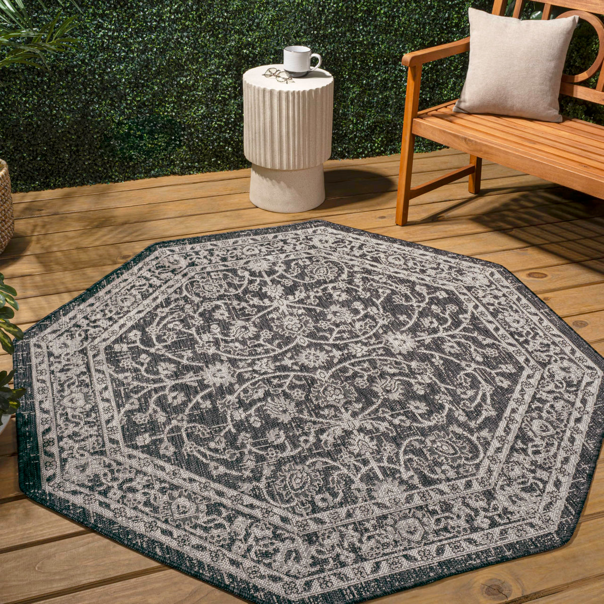 Eyely Vine and Border Octagon Area Rug 8 Ft Black/Gray, Indoor Outdoor Rug