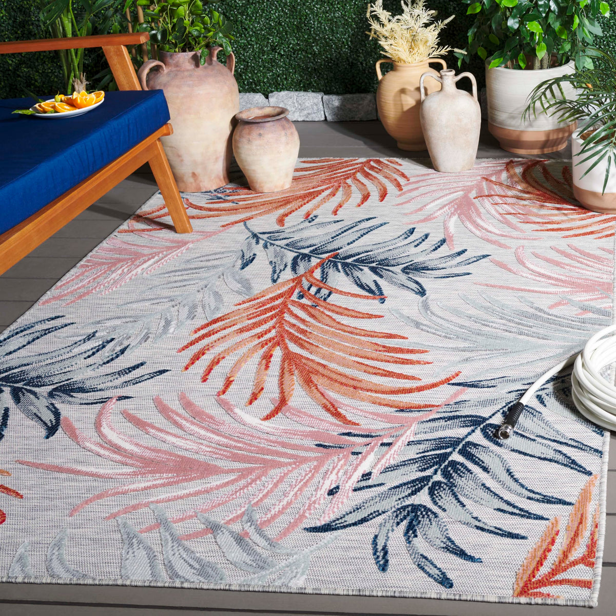 SAFAVIEH Washable Rug Outdoor Cabana Collection - 6'5" x 9'6", Blue & Rust, Non-Shedding & Easy to Clean, Ideal for Patio, Backyard, Mudroom (CBN458M)
