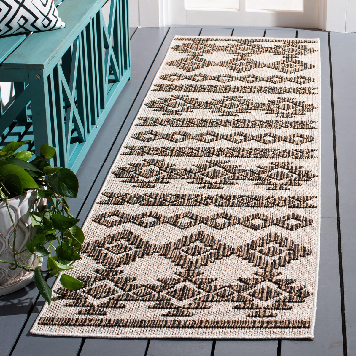 SAFAVIEH Washable Rug Outdoor Global Collection - 5'3" x 7'6", Beige & Dark Beige, Non-Shedding & Easy to Clean, Ideal for Patio, Backyard, Mudroom (GLB210B)