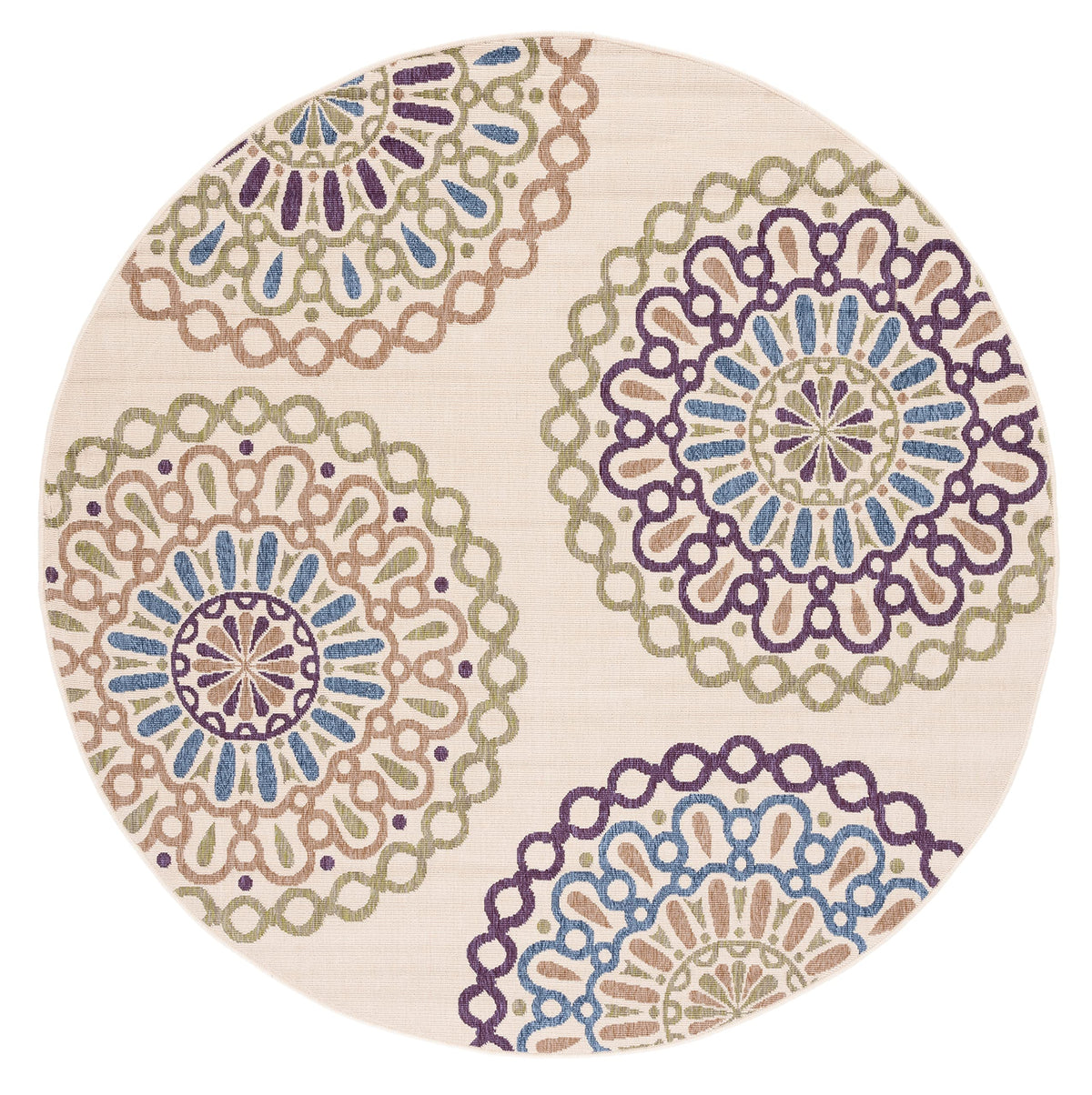 Safavieh Veranda Collection 6'7" x 6'7" Round Cream/Blue VER092 Boho Floral Indoor/Outdoor Non-Shedding Easy Cleaning Patio Backyard Porch Deck Mudroom Area Rug