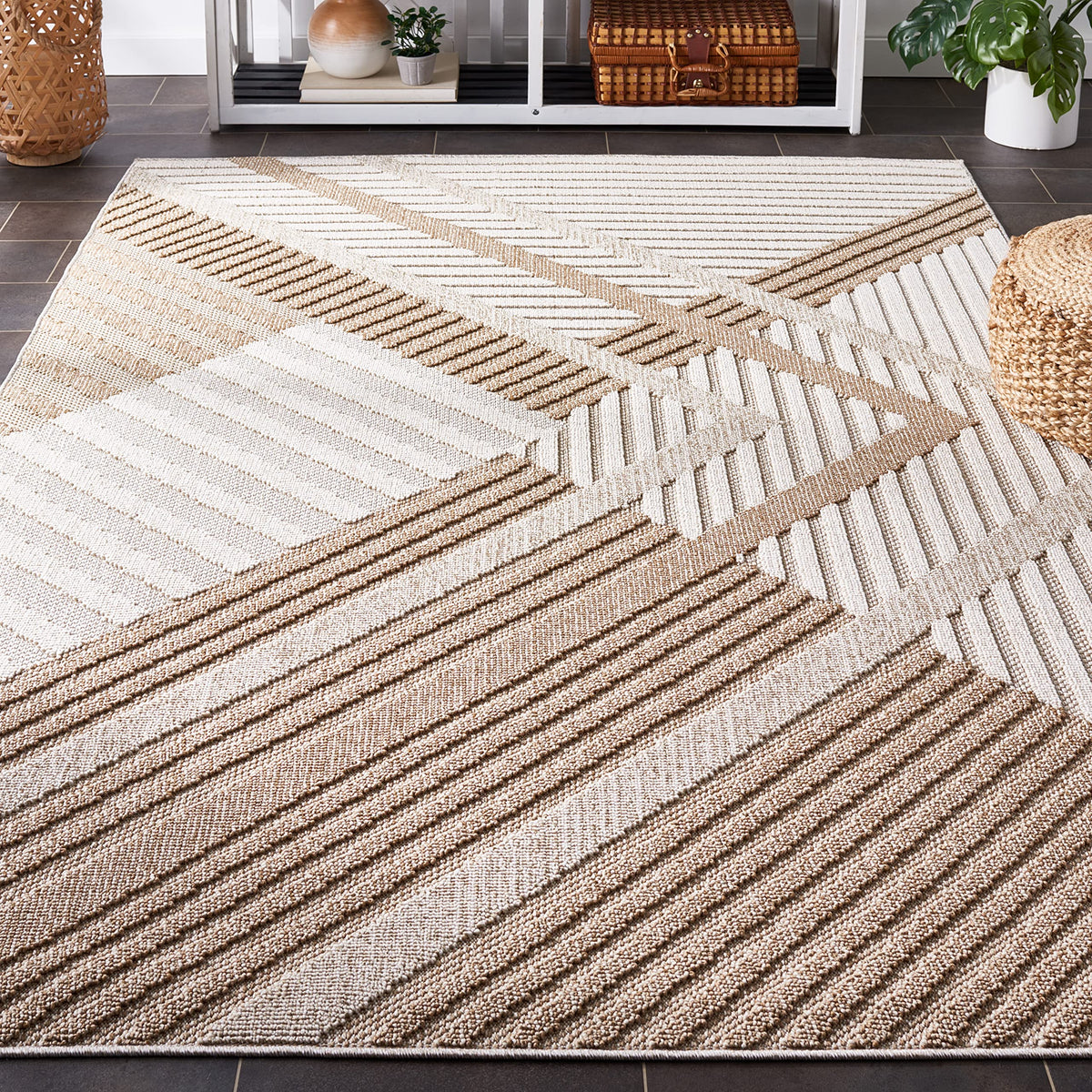 SAFAVIEH Washable Rug Outdoor Global Collection - 2'2" x 16' Runner, Beige & Light Beige, Non-Shedding & Easy to Clean, Ideal for Patio, Backyard, Mudroom (GLB220B)