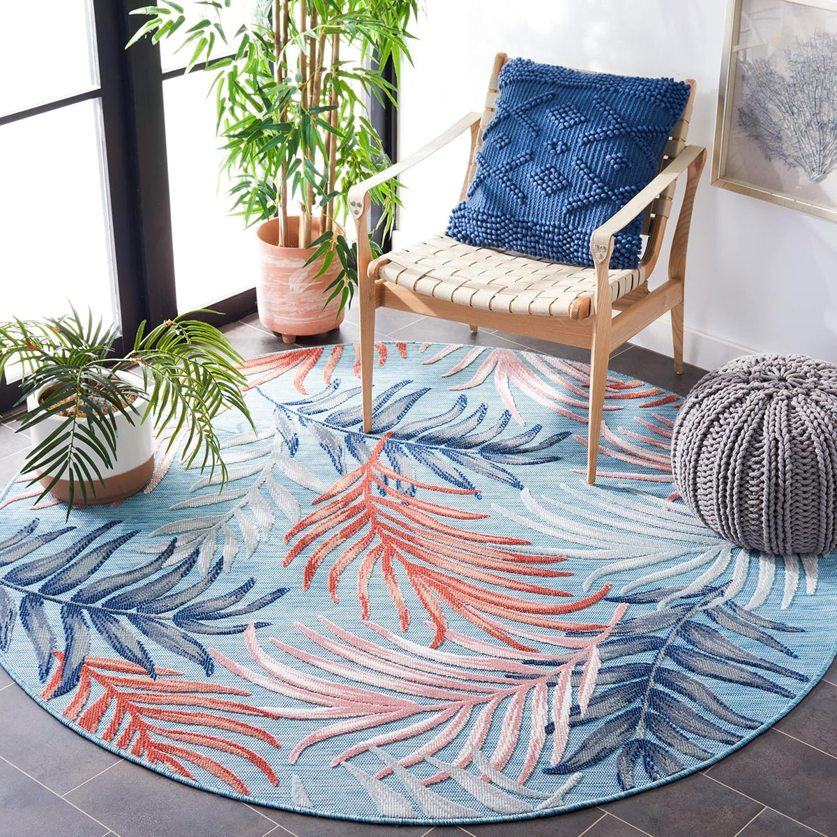 SAFAVIEH Washable Rug Outdoor Cabana Collection - 6'5" Round, Blue & Rust, Non-Shedding & Easy to Clean, Ideal for Patio, Backyard, Mudroom (CBN458M)