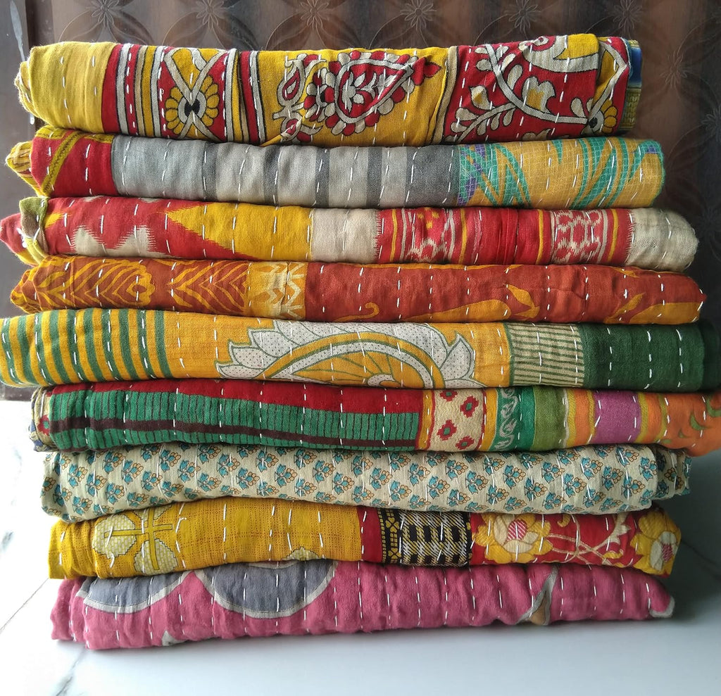Handmade Vintage Kantha Quilt 3-Layer Cotton Blanket, Bohemian Kantha Throw, Reversible Patchwork Gudari Blanket for Bed, Couch, Sofa (54 x 84 1pices)