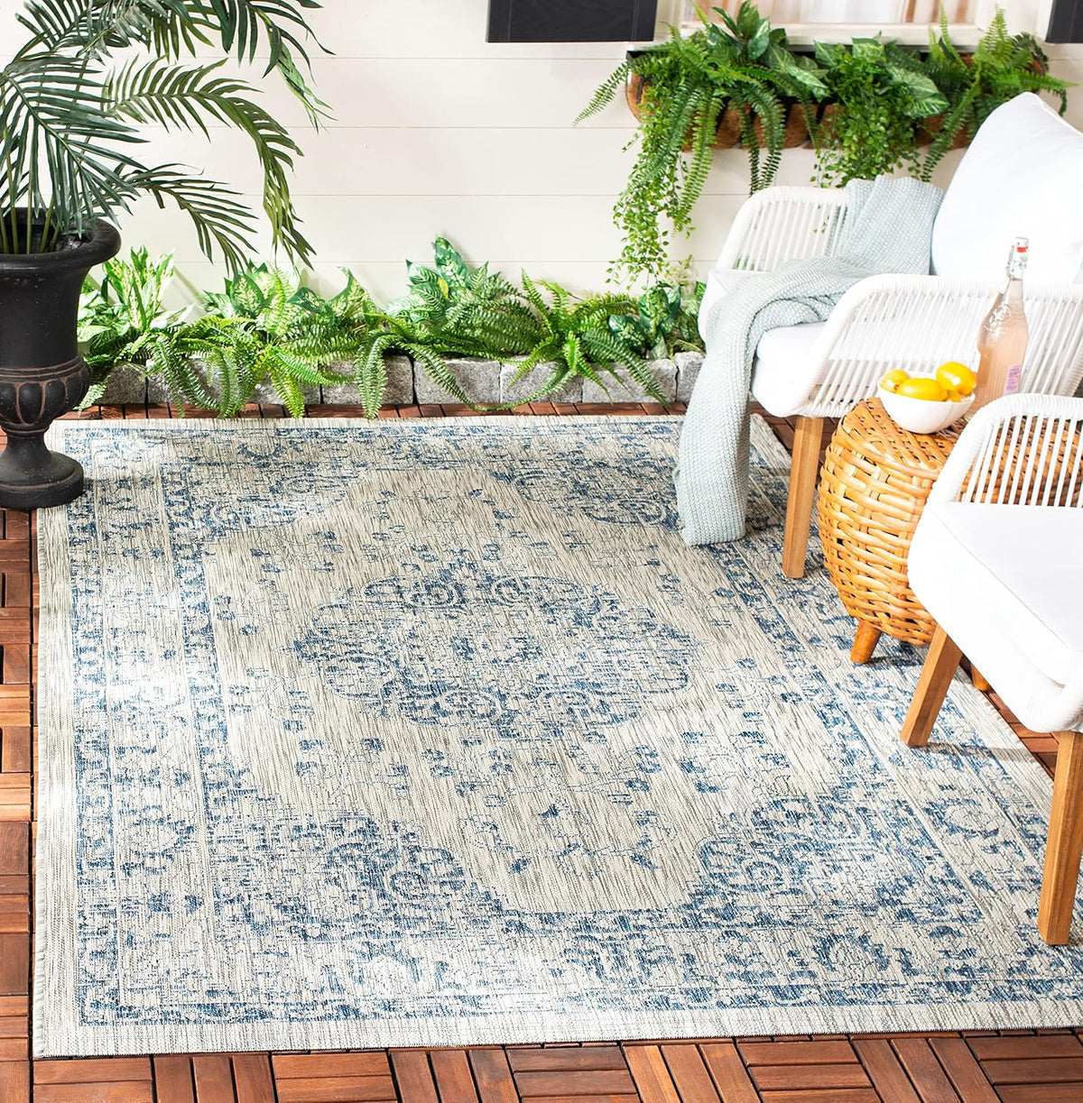 SAFAVIEH Washable Rug Outdoor Courtyard Collection - 6'7" Square, Grey & Navy, Non-Shedding & Easy Cleaning, Ideal for Patio, Backyard, Mudroom (CY8679-368)