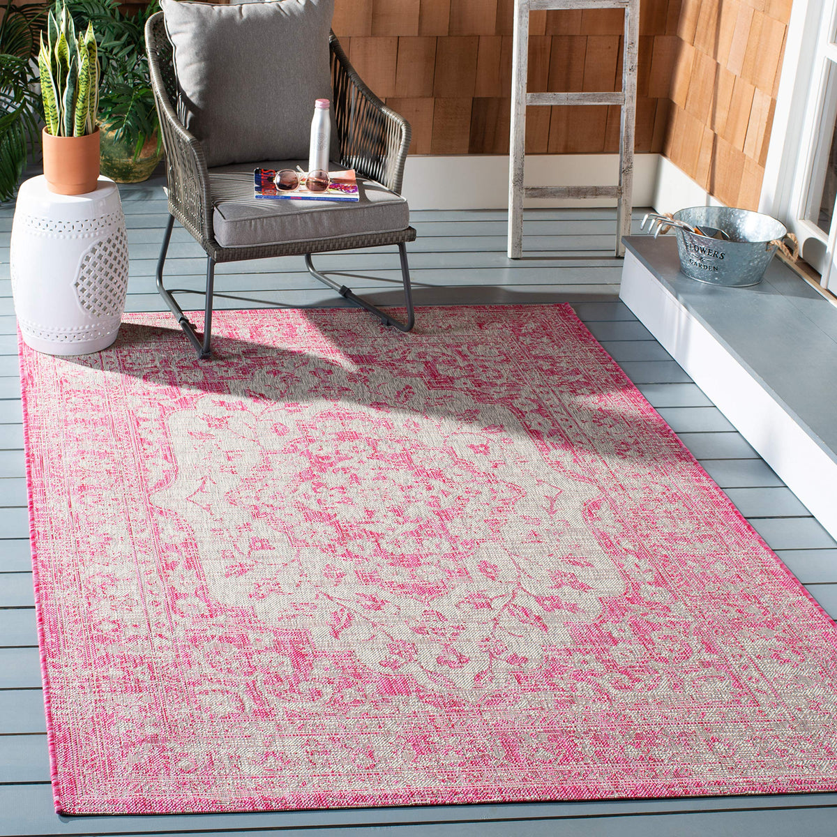 SAFAVIEH Washable Rug Outdoor Courtyard Collection - 6'7" x 9'6", Grey & Blue, Non-Shedding & Easy Cleaning, Ideal for Patio, Backyard, Mudroom (CY8231-37212)