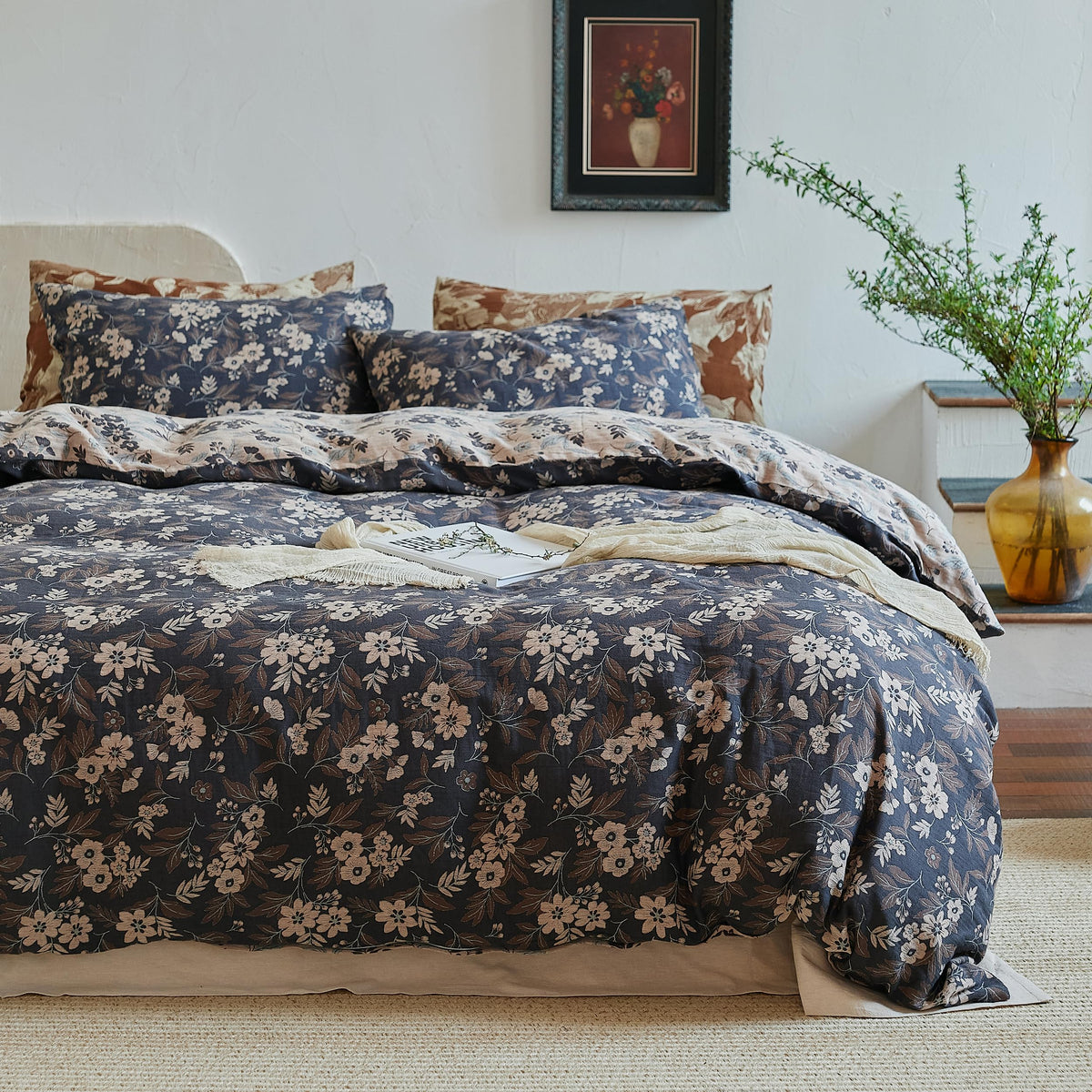 Simple&Opulence Muslin Duvet Cover Set King Size, 100% Washed Cotton 3 Pieces Yarn-Dyed Vintage Purple Floral Jacquard Textured Bedding, Soft & Breathable Gauze Comforter Cover with Zipper Closure