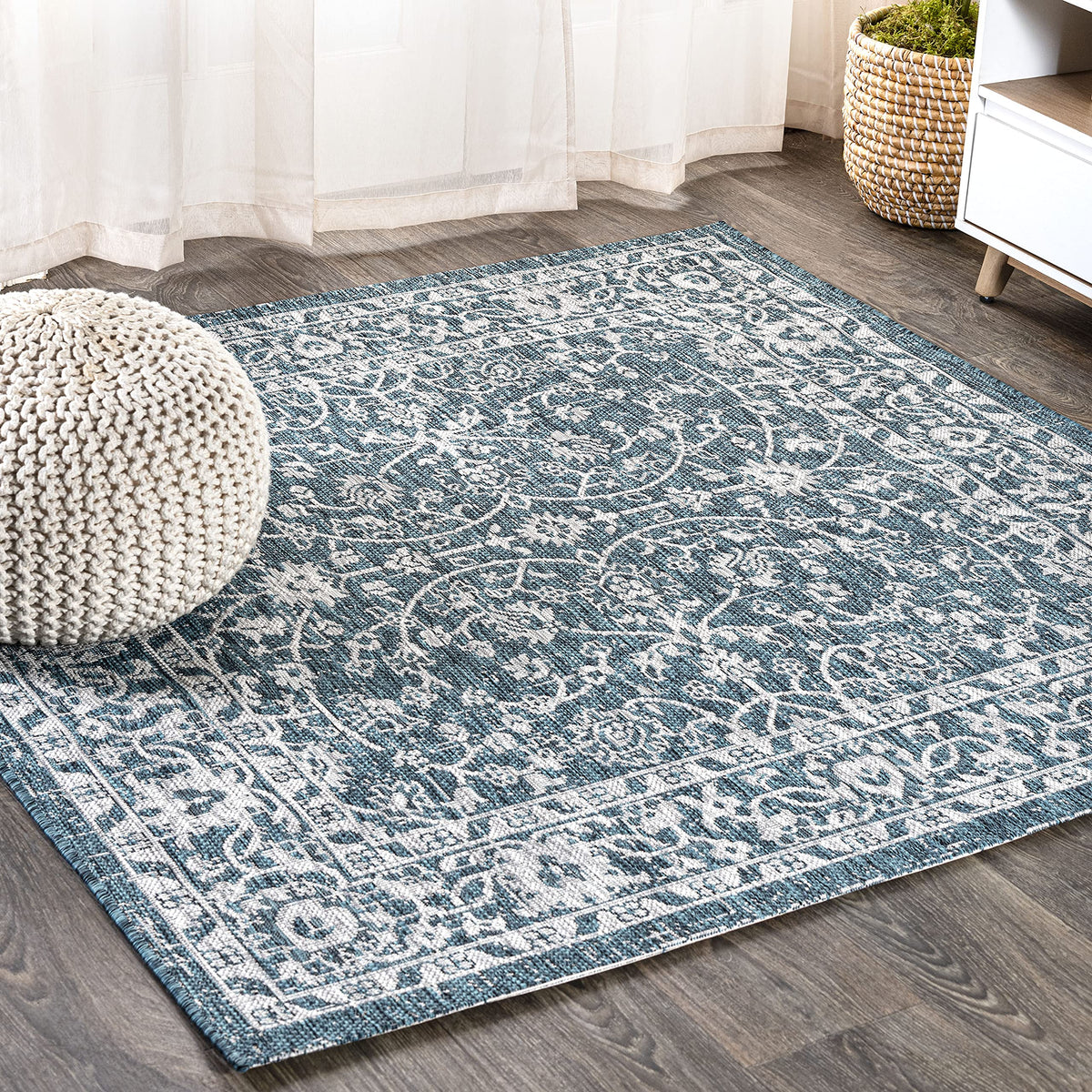 Eyely Vine and Border Octagon Area Rug 8 Ft Black/Gray, Indoor Outdoor Rug