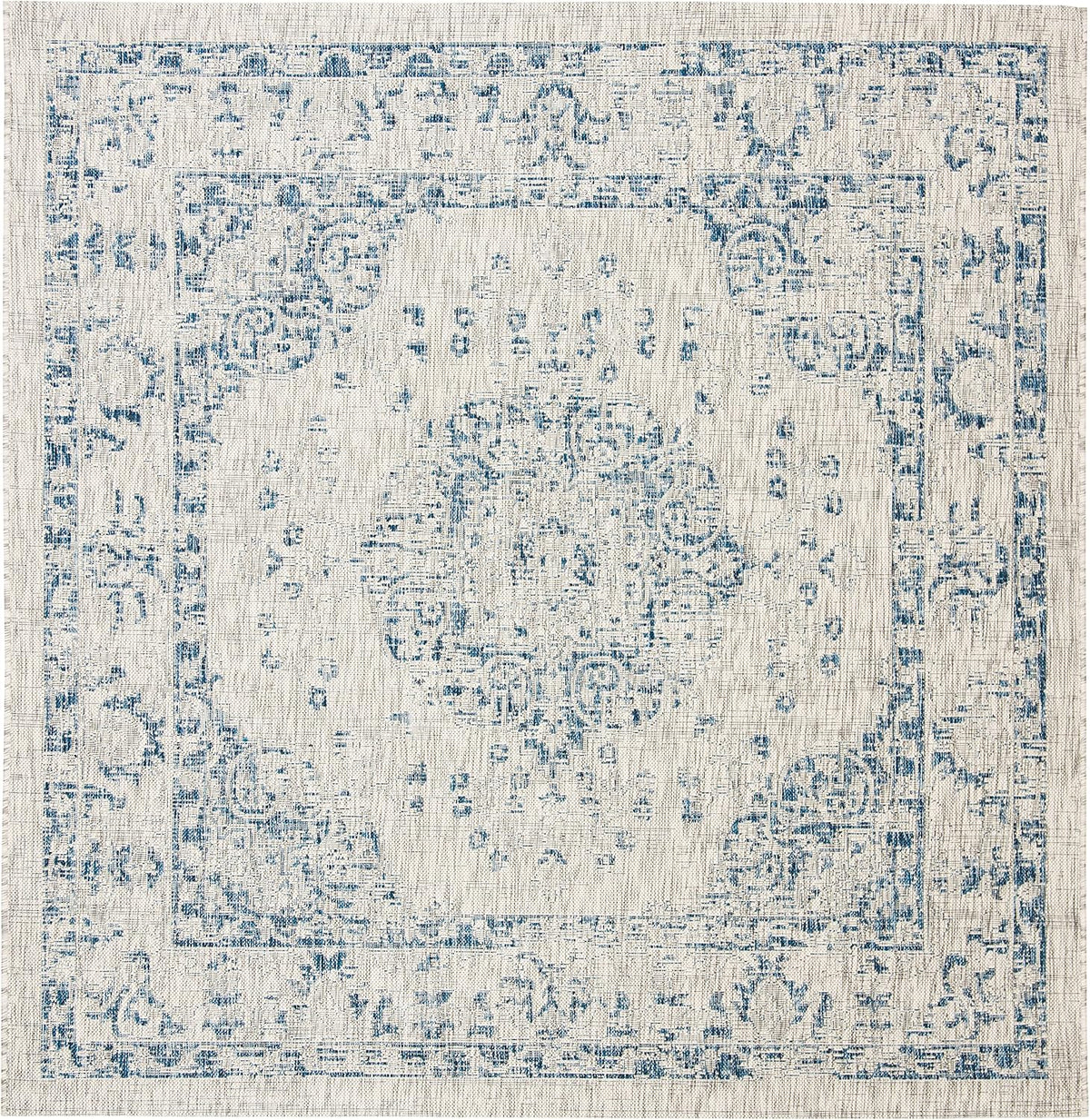 SAFAVIEH Washable Rug Outdoor Courtyard Collection - 6'7" Square, Grey & Navy, Non-Shedding & Easy Cleaning, Ideal for Patio, Backyard, Mudroom (CY8679-368)